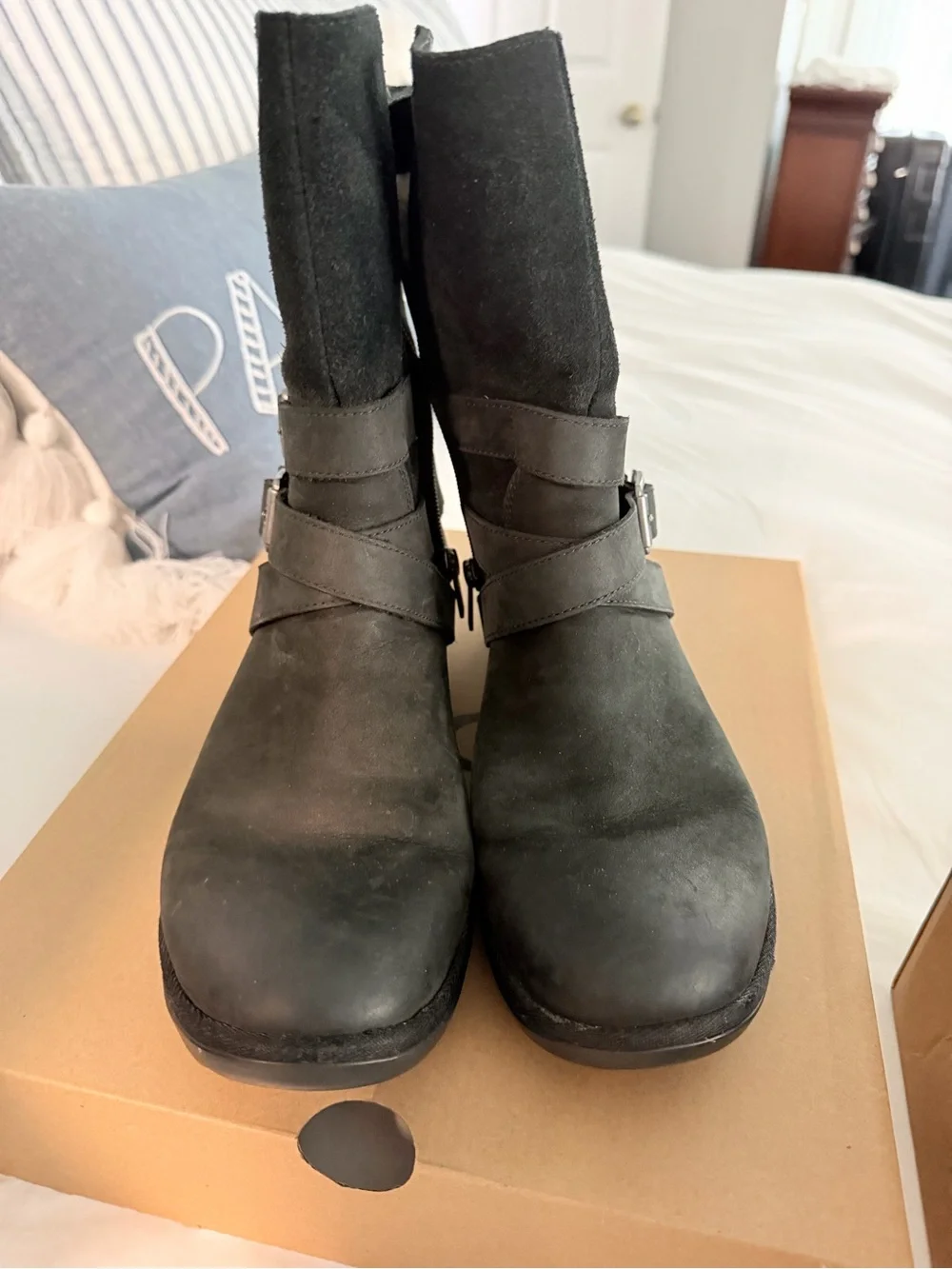 UGG Lorna Black Mid-Calf Buckle Boots